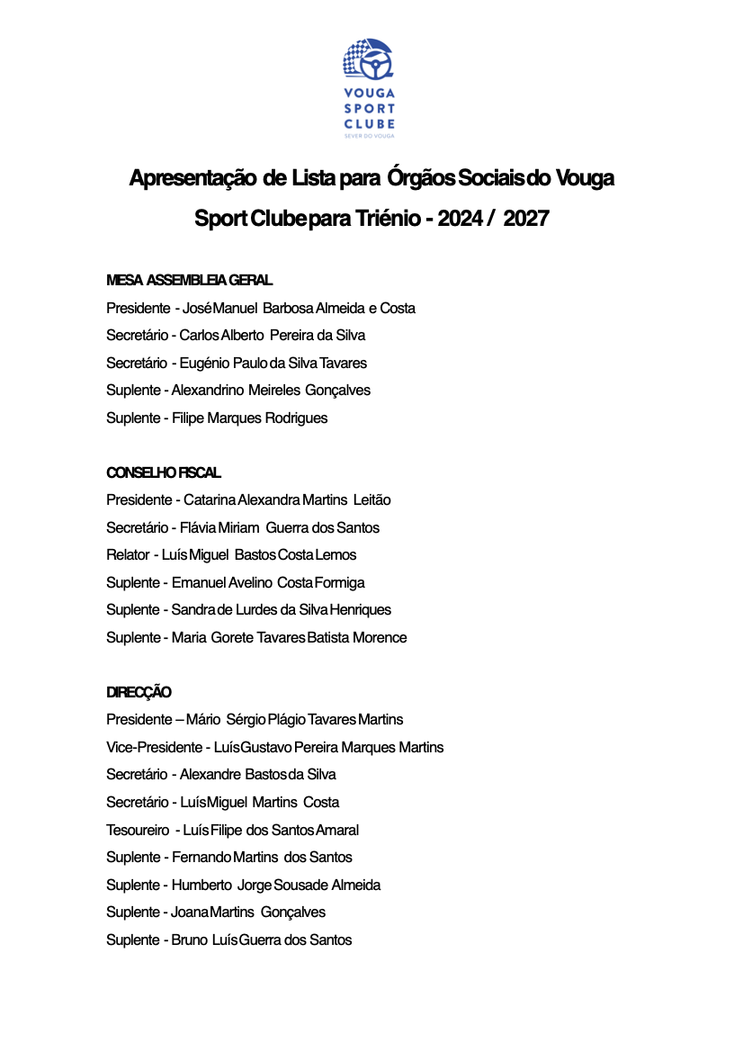 Órgãos Sociais do VSC Triénio 2024-2027